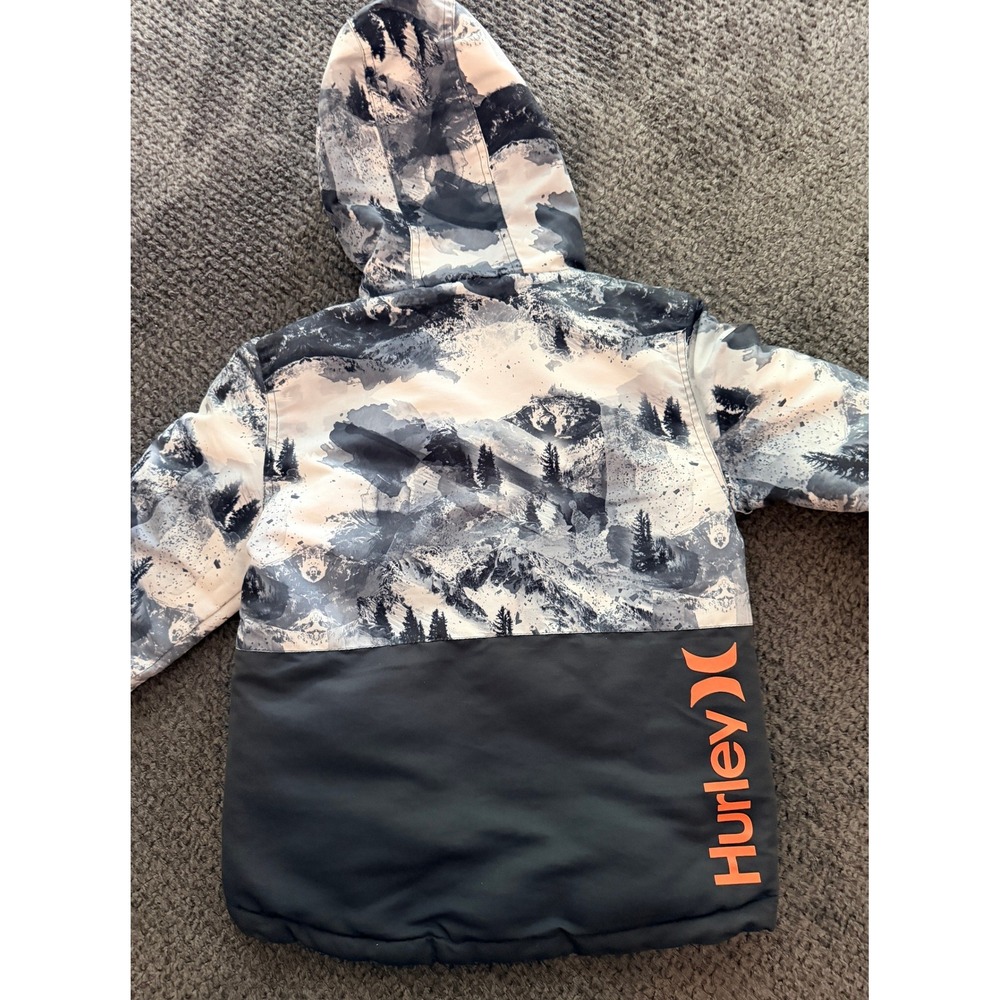 Hurley Puffer Jacket Kids XS 5/6 Gray Mountain Print Hooded Winter Coat Logo - Picture 2 of 10